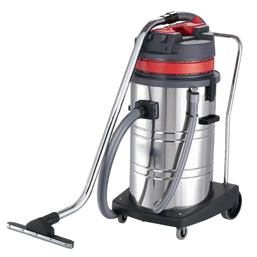 Vacuum cleaner with silver body, red top, and black base on a white background